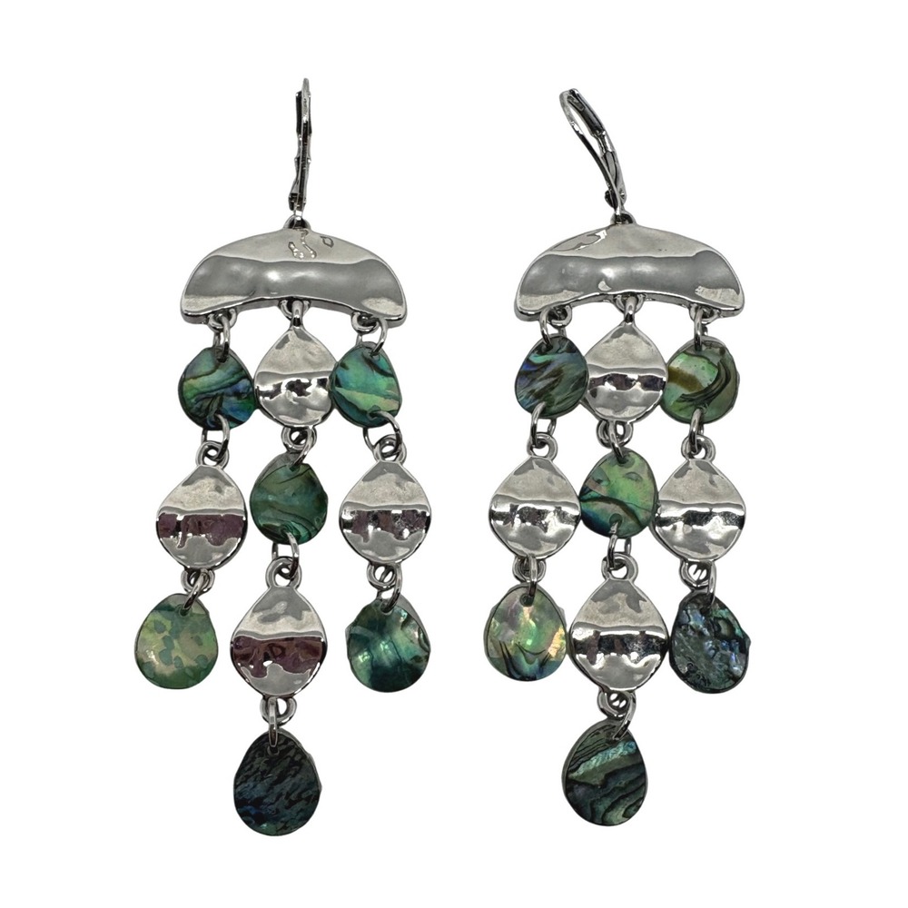 Hammered Silver Tone Abalone Shell Chandelier Dangle Earrings 3" Coastal Boho